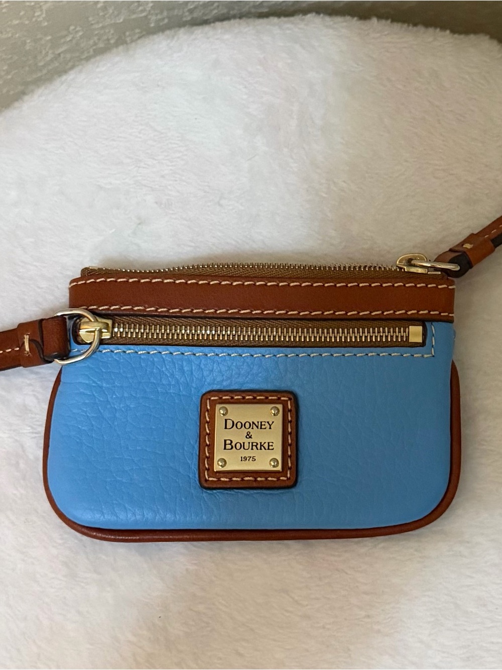 Dooney & Bourke Blue Leather Mini Wristlet with Brown Trim